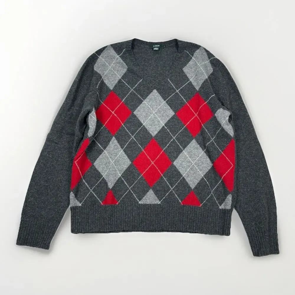 VTG J Crew Argyle Pattern V Neck Lambswool Knit Sweater Men's Size Large Y2K
